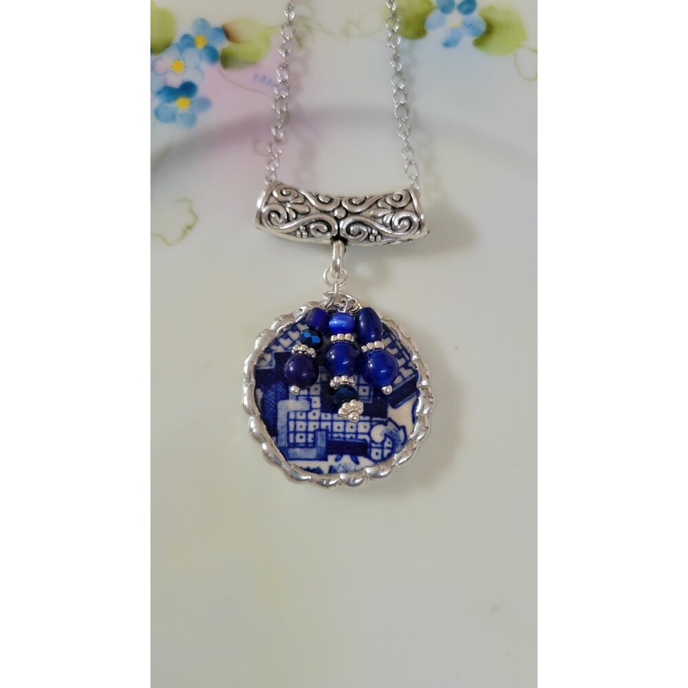 Handmade Broken China Necklace, Blue Willow Ceramic Shard